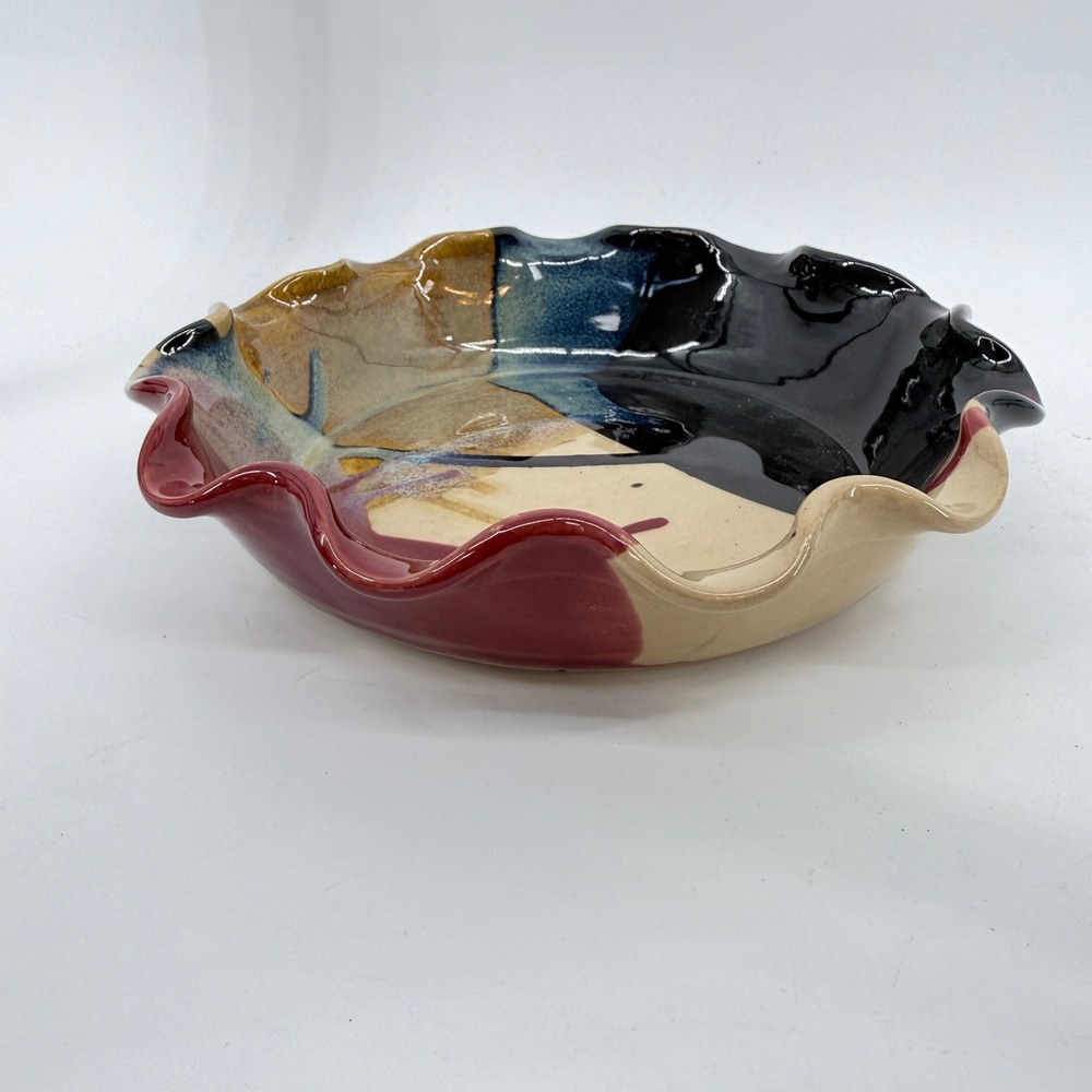 J&S Beaumont Pottery Bowl 9" Multicolor Abstract Ruffled Rim Ceramic Pie Pan - Picture 5 of 16